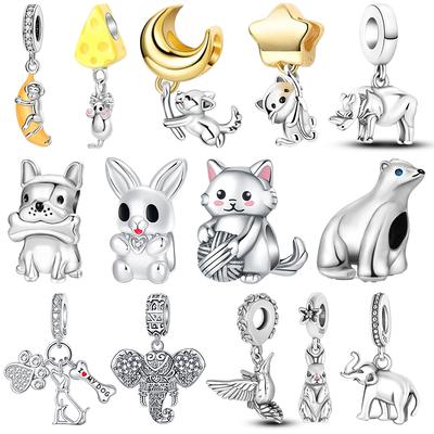 925 Silver Animal Charms Monkey Holding Banana Pendant Dog Rabbit Beads for DIY Bracelet Jewelry Gift