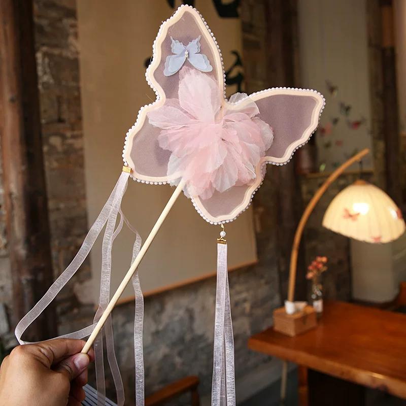 Butterfly Three-Dimensional Flower Mesh Circular Fan Retro Style Long Brush Holder Tassel Photography Dance Temple Fan Female