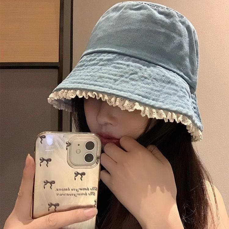Cute Bucket Hat Lace Edge Denim Basin Hat Summer Travel Sunshade Sunscreen Show Face Small Simple Wind Bucket Hat