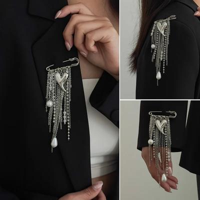Trendy Charm Metal Heart Brooch Women Hyperbole Silver Color Imitation Pearl MultiLayer Tassel Brooches Jewelry Accessory
