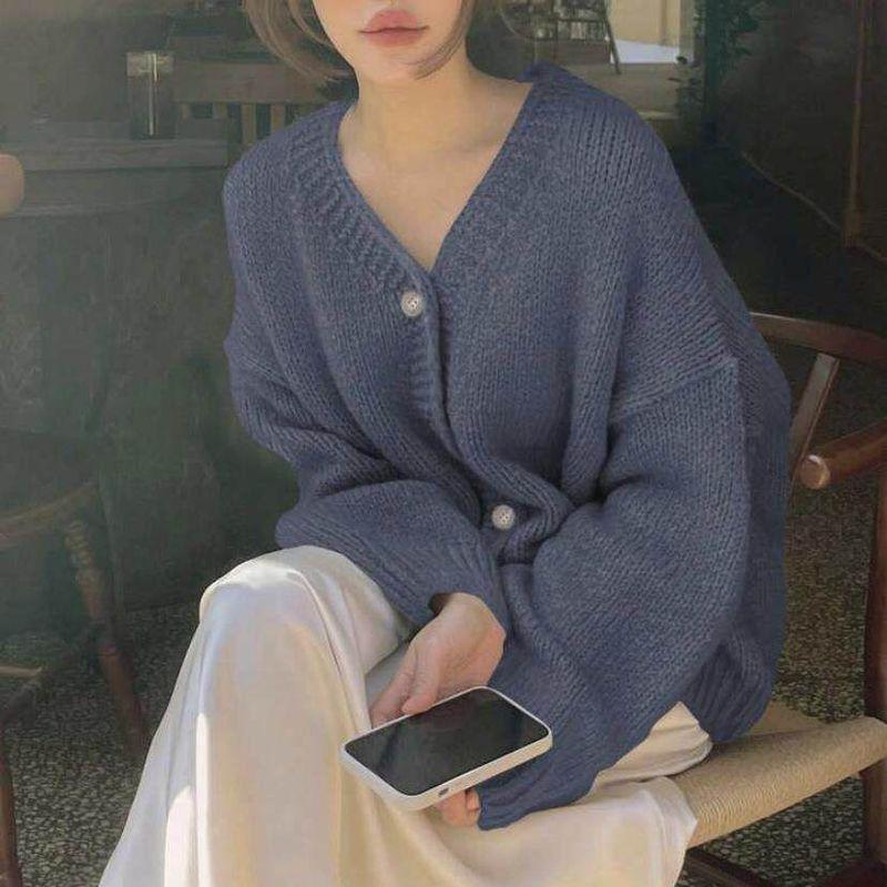 Knitted Cardigan for Women 2025 Autumn and Winter New Style Casual Loose V Neck Lantern Sleeve Knitted Sweater Top Pullover Sweater for Women