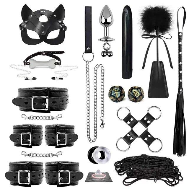 Bondage Set BDSM Kits Adults Sex Toys for Women Men Handcuffs Nipple Clamps Whip Spanking Fetish Metal Anal Plug Vibrator Butt