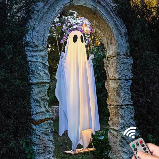 Halloween Decoration Outdoor Swing Ghost Ornament with LED Lights Adjustable Hanging Spooky Ghost Decor
