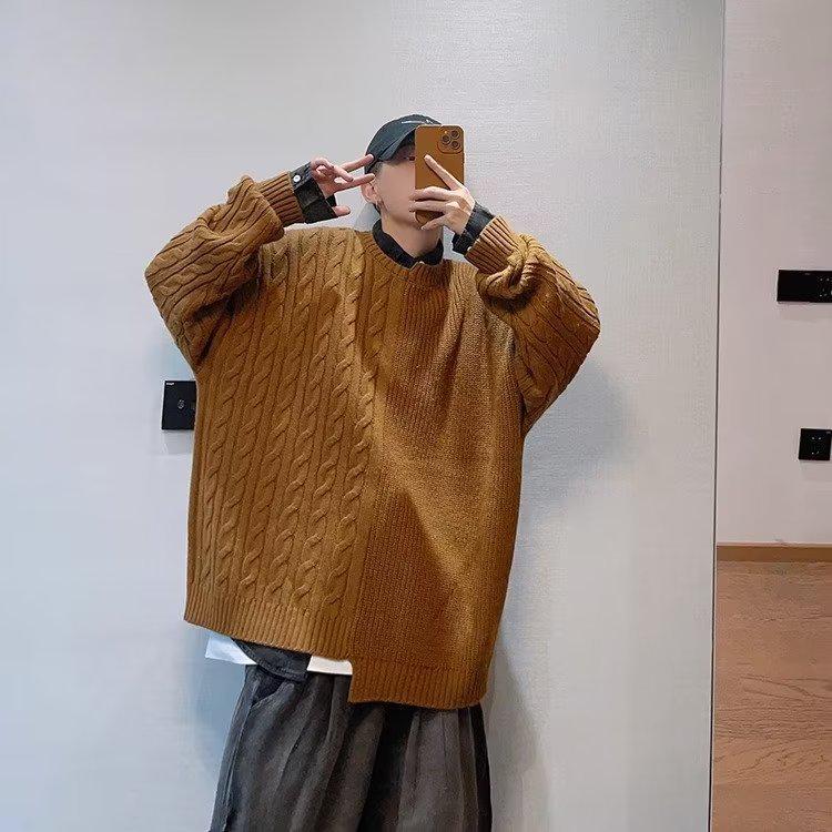 Men's Slim Fit Round Neck Sweater - Long Sleeve, Irregular Splicing, Casual Autumn Pullover