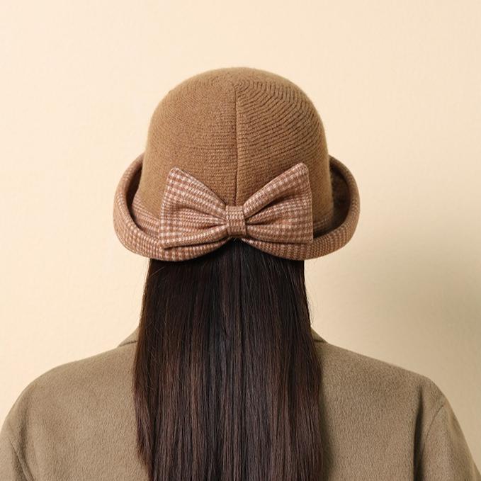 New Autumn and Winter Hat Fashionable and Elegant Woolen Crimped Top Hat Bow Thermos Hat