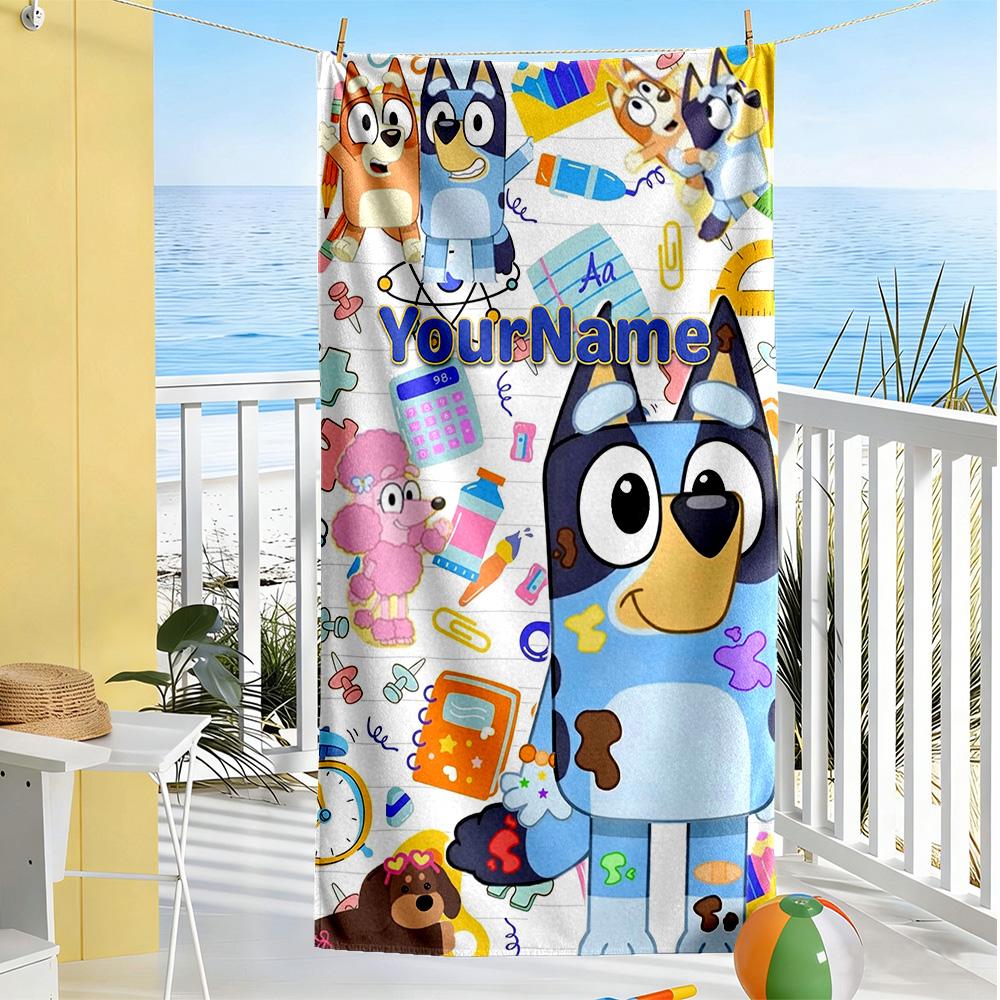 Bluey Personalized Name Beach Towel Soft Durable Quick-Dry For Beach Bathroom Outdoor Swimming Pool Camping Picnic Yoga Diving Vacation Accessories