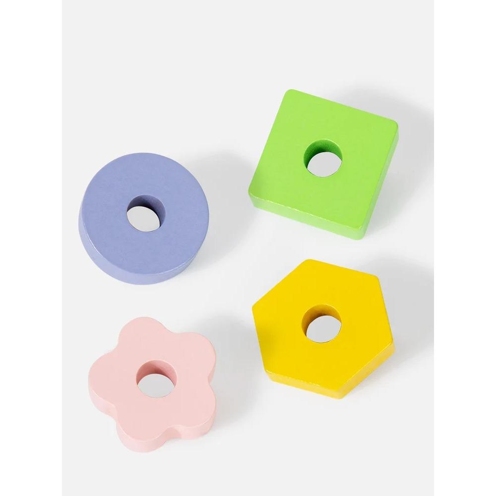 Wooden Four-Column Shape Sorting Stacking Toy - Suitable for Toddlers' Fine Motor Skills and Shape/Color Recognition