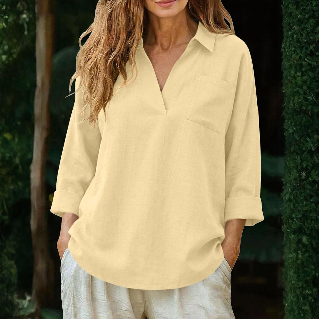 Women's Loose-Fit Cotton-Linen V-Neck Long-Sleeve Shirt With Pockets – -Color Casual Top