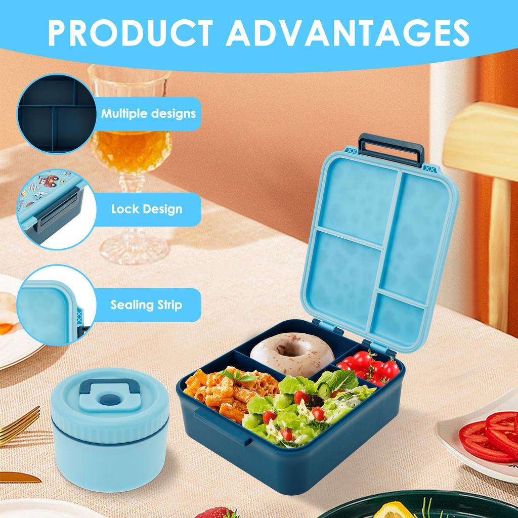 1700 ML Lunch Box Microwavable Bento Box Leakproof Storage Boxes with 300ml Soup Jar Food Container for Students Adults School