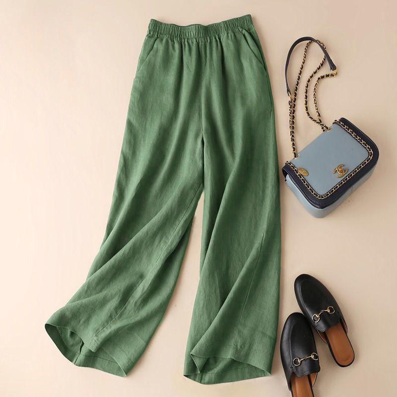 Pantaloni Estivi da Donna Cotone Lino Vita Elastica Gamba Larga Casual Leggeri Monocolore Palazzo Pantaloni Donna Fondo
