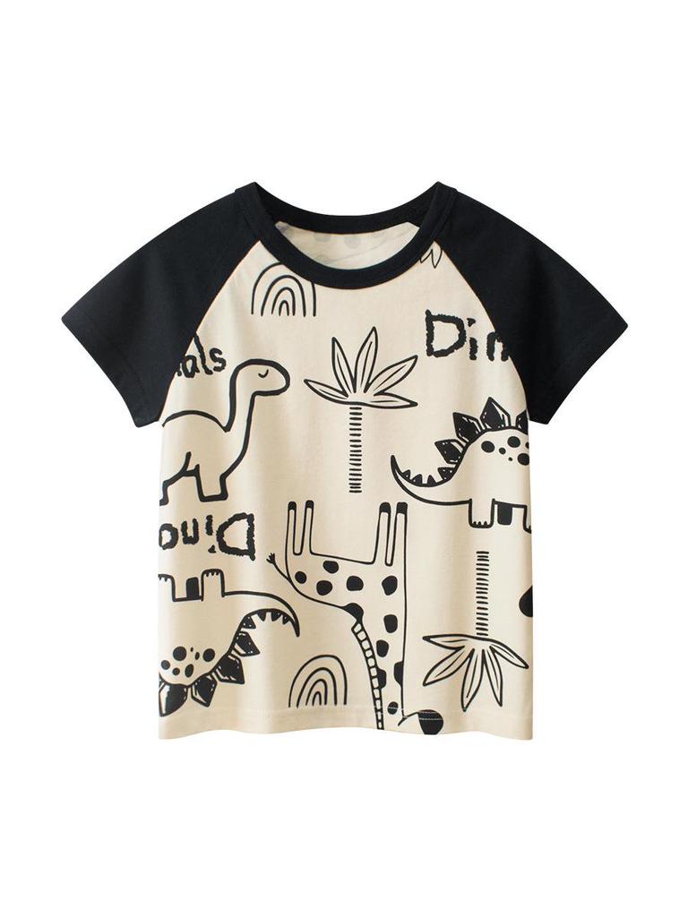 27kids Boys' Dinosaur Cartoon Raglan T-Shirt, 2025 Summer Collection.