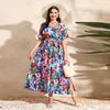 Brazil's hot-selling large-size loose V-neck dress women's elastic waist short-sleeved printed long skirt