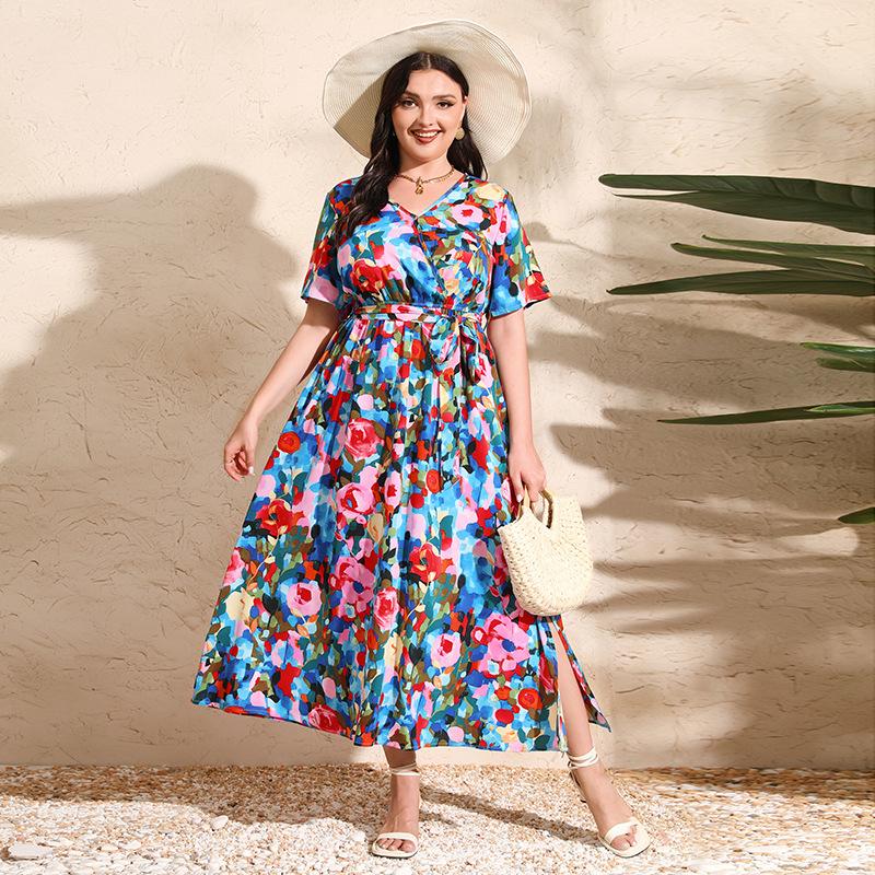 Brazil's hot-selling large-size loose V-neck dress women's elastic waist short-sleeved printed long skirt
