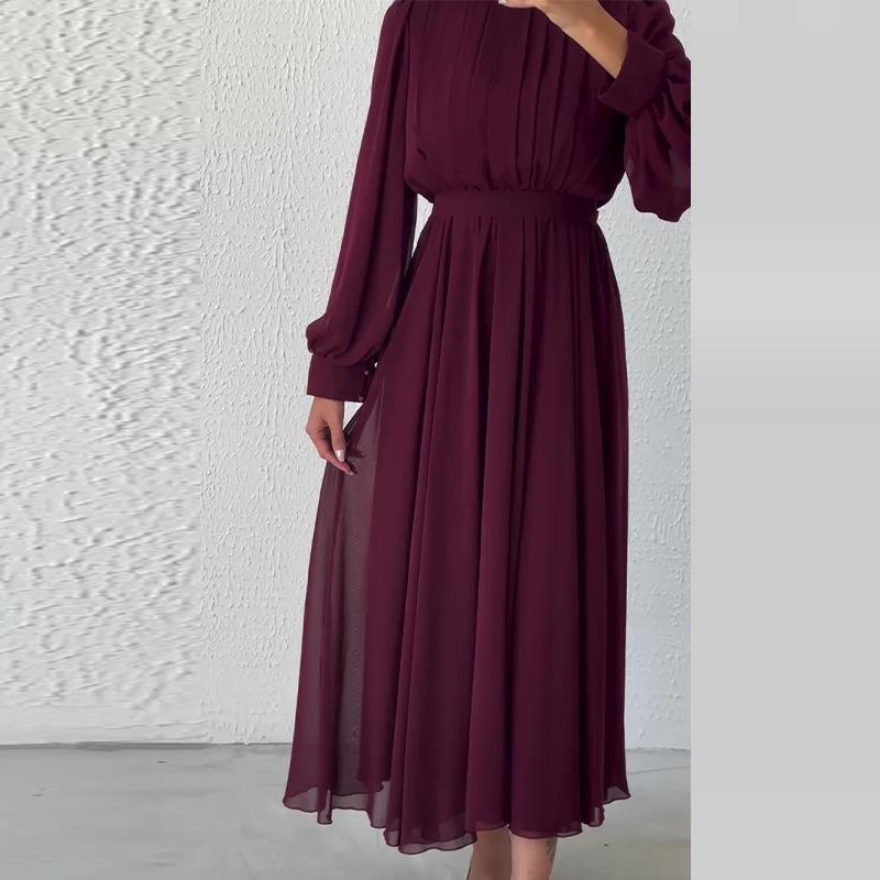 

2024 Осень Женское однотонное платье с высокой талией, приталенное, плиссированное, с длинным рукавом XXXL