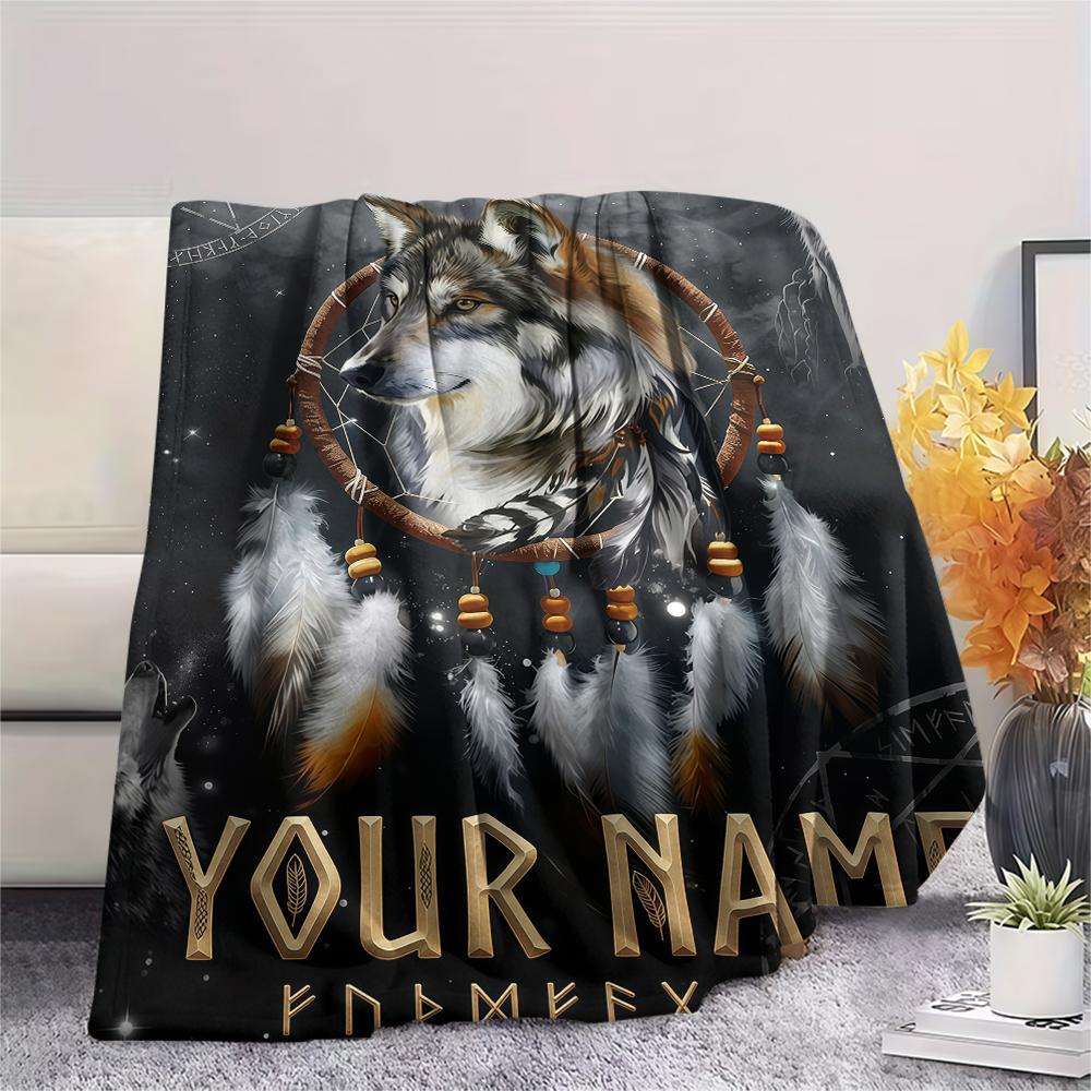 1PC Custom Name Wolf Dreamcatcher Night Patterned Flannel Blanket Suitable For All Seasons for Home Decor Warmth and Comfort Gifts Holiday Present_lx