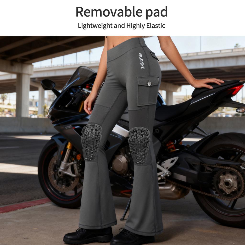 WOSAWE Women Motorcycle Pants High Waist Stretch Motocross Riding Tights with Removable Knee Pads Fitness Flared Leg Pant