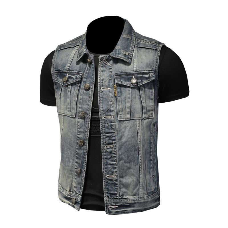 Cross-border European and American Retro Distressed Denim Vest Men's Plus Size Simple Sleeveless Slim Denim Vest MJ5171