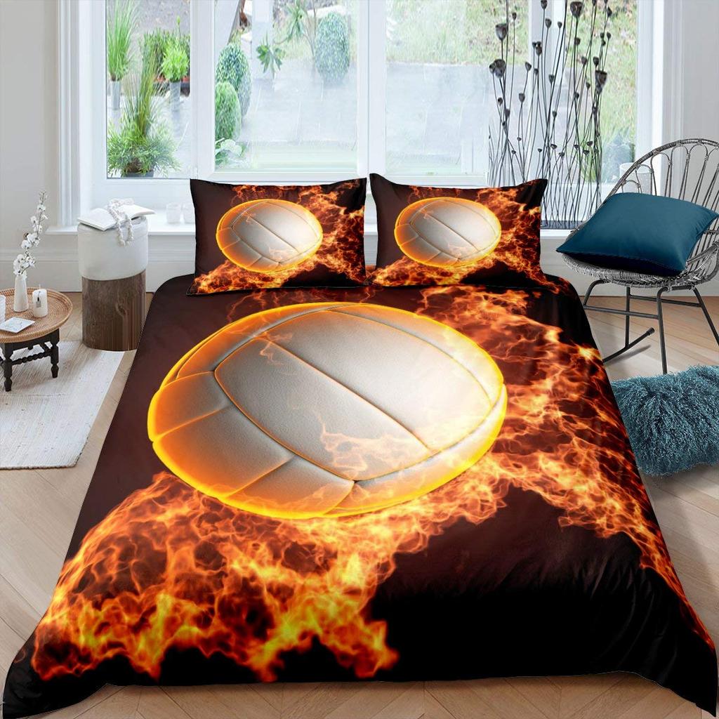 Volleyball Duvet Cover Set Microfiber Sports Ball Theme Fire and Water Blend Volleyball Twin Bedding Set Double Queen King Size
