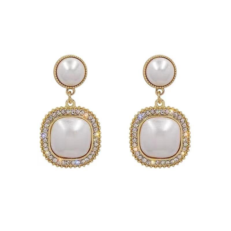 Boucles d'oreilles à clous en argent 925 avec perles carrées et aiguilles Dongdaemun Design Temperament Diamond Boucles d'oreilles pour femmes