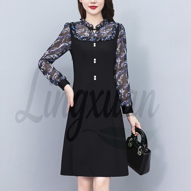 

Plus Size Chiffon Printed Two-Piece Look Dress, Loose Fit, Long Sleeve, for Spring and Autumn 4XL чорний