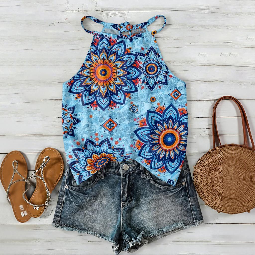 Damen ärmelloses Boho-Tanktop mit Blumendruck Verstellbarer Träger Lässige Sommerbluse Leicht Lockerer Schnitt