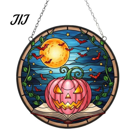 Decorative Hanging Ornaments for Windows Halloween Pumpkin Suncatcher, Stained Glass Style Round Window Ornament, Acrylic Decorations Full Moon