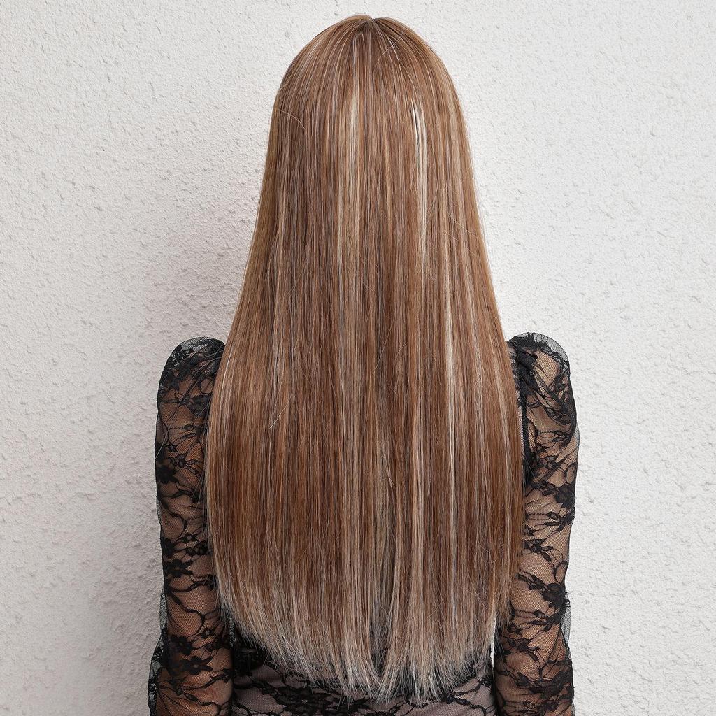 LOUIS FERRE czekoladowy brąz z blond refleksami włosy syntetyczne długie proste naturalne peruki z grzywką damska peruka z włókna Cosplay