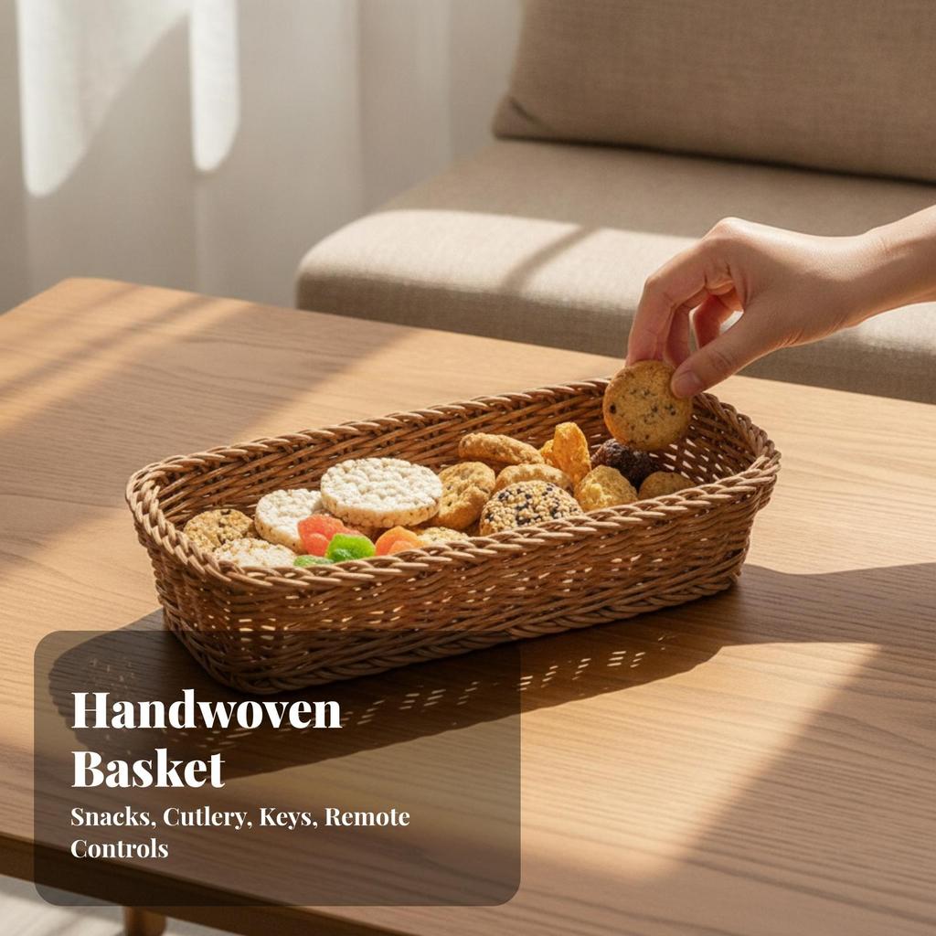 Rectangular Woven Storage Basket with Rounded Corners Handwoven for Dining Table