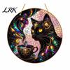 Decorative Craft Board Tag Moon Cat Halloween Window Hanging Decor, Mystical Black Round Sign Door Plaque for Indoor Outdoor Wall Art, Gothic