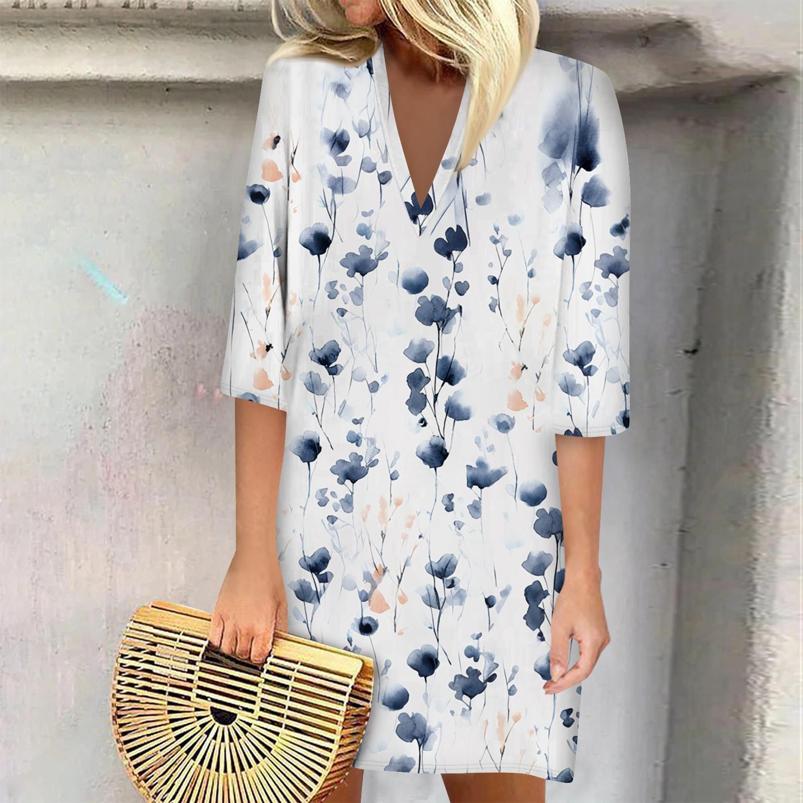 

Летние платья для женщин, модное повседневное свободное платье с V-образным вырезом и рукавами 3/4 с принтом L