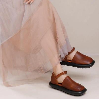 Retro Genuine Leather Flat Sandals Round Toe Soft Sole Cowhide Versatile Women's Shoes