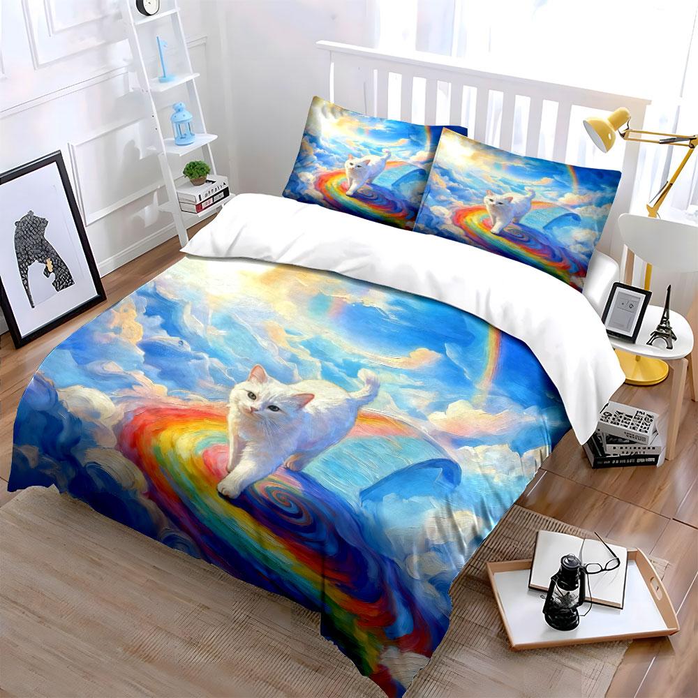 Rainbow Cat Artwork Decor Set Soft Comfortable Duvet Cover Bedding Set Included 1*Duvet Cover & 2*Pillowcases, Gift