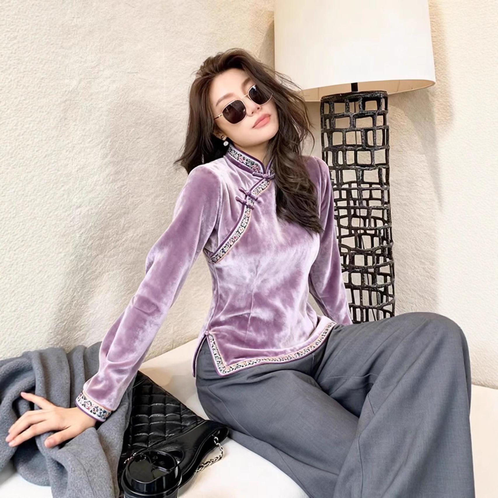 

Autumn/Winter 2026 Velvet Shirt with Unique Frog Button Design for Women Extra Large