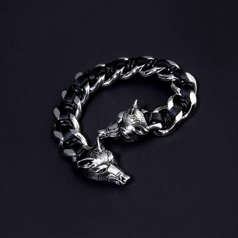 Titanium Steel Wolf Head Bracelet Men Black Gunmetal Finish Leather Woven Band Vintage Style Biker Accessory