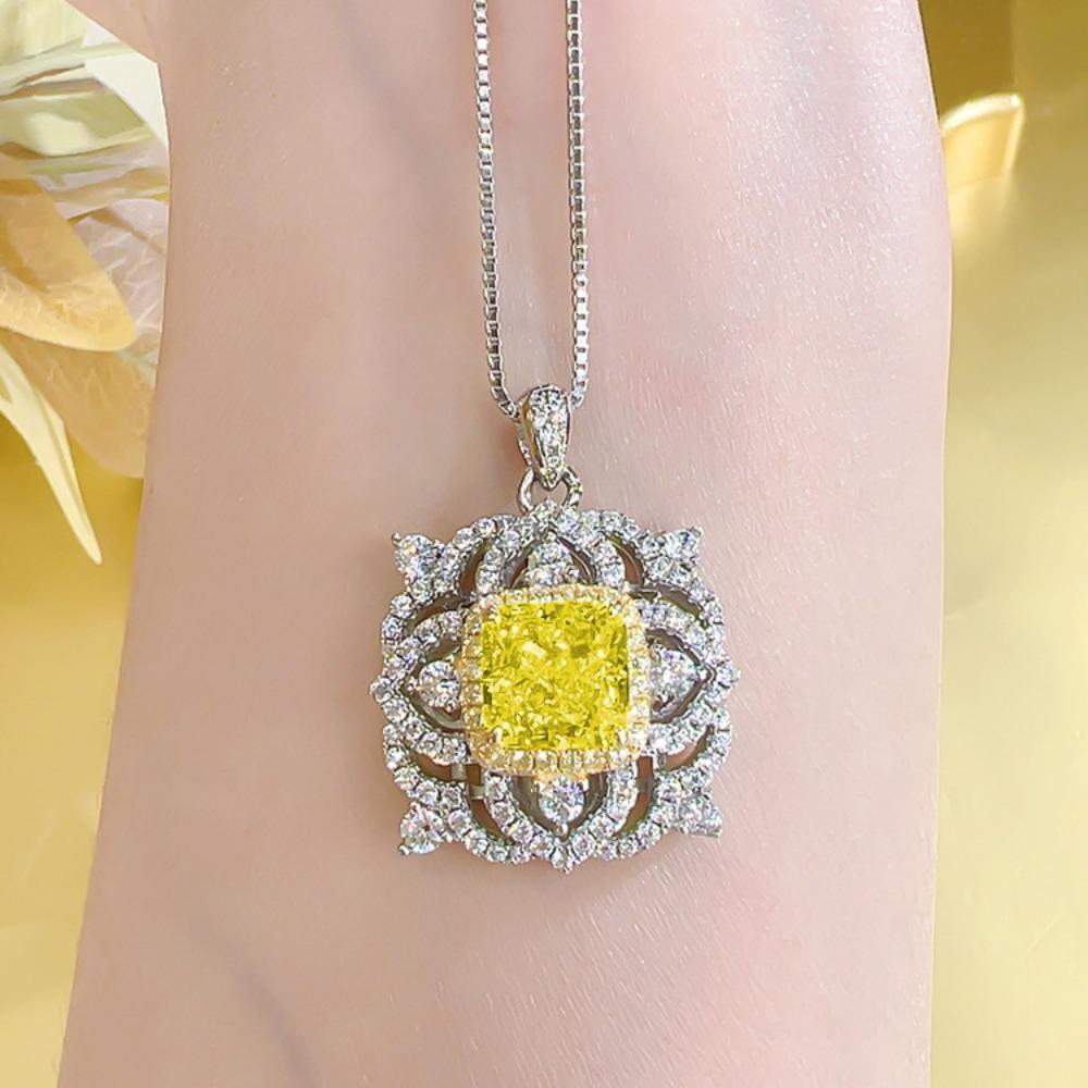 Fashion Vintage Women Jewelry Set Yellow Diamond Flower Ring Princess Cut Pendant Earrings Royal Blue Necklace