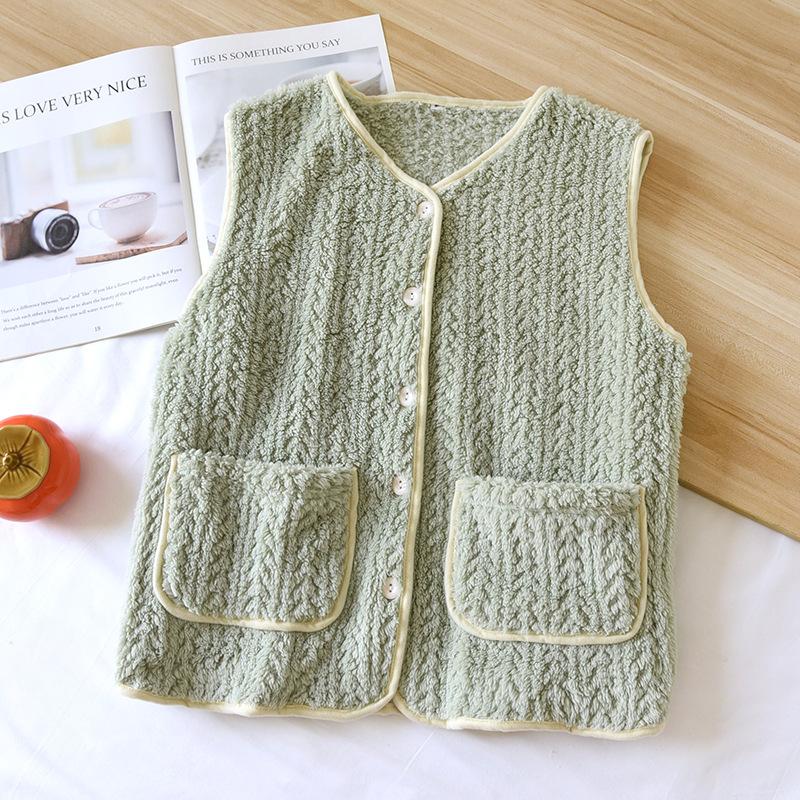 

2025 Новый осенне-зимний женский жилет из фланели и бархата, утолщенный кардиган с круглым вырезом, пуговицами, коралловый бархатный топ, пижама, одежда для сна XL