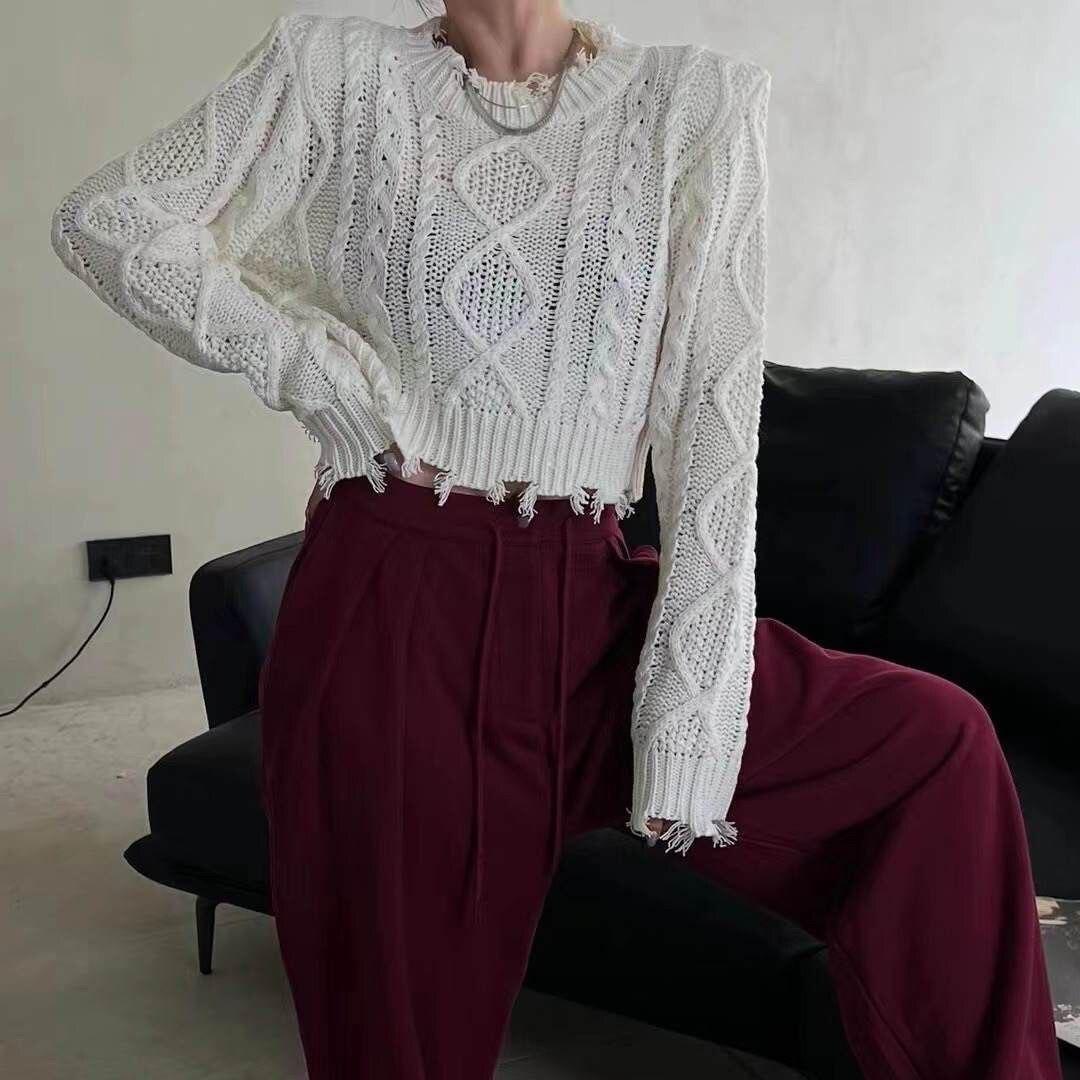 

Корейский пуловер, дизайн, ощущение сломанного края, короткий свитер, пуловер с круглым вырезом и длинными рукавами, тонкий шикарный пуловер, свитер, топ One Size белый