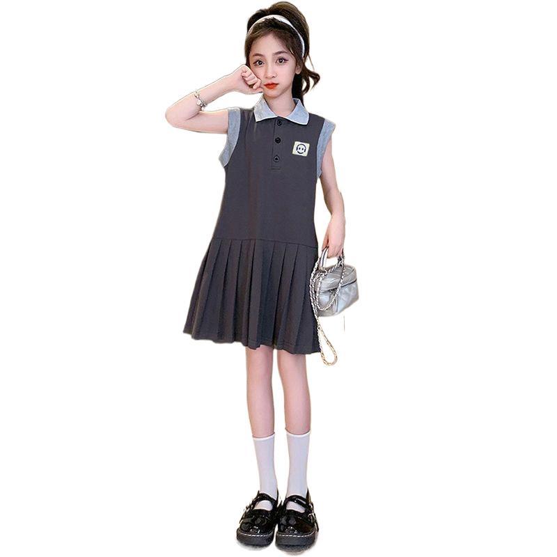 Girls Summer Polo Collar Sleeveless Pleated Dress