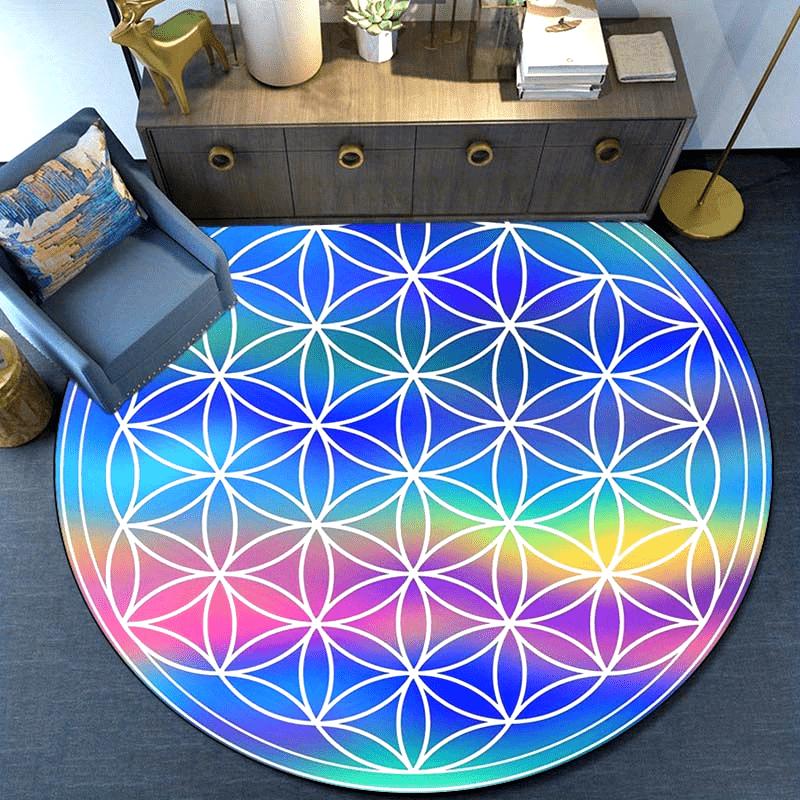 Vibrant Mandala Chakra Round Area Rug – Colorful Geometric Design Non-Slip Floor Mat for Living Room, Bedroom, and Office Decor