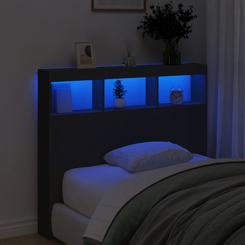LED Headboard with Shelves Black 120 x 17 x 102 cm