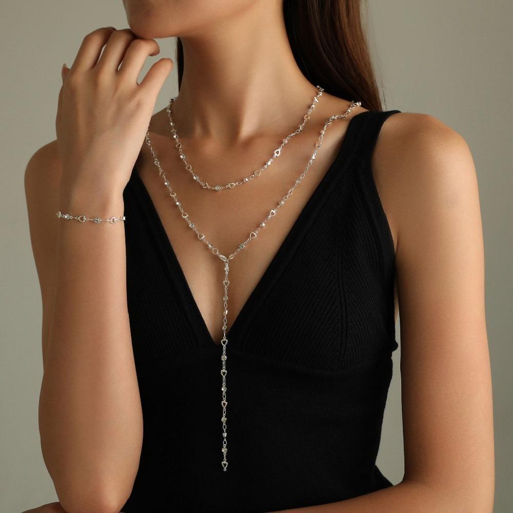 Bohemian Gold/Silver Y-Shaped Necklace Metal Hollow Heart Clavicle Chain Crystal Zircon Double Layered Long Chain