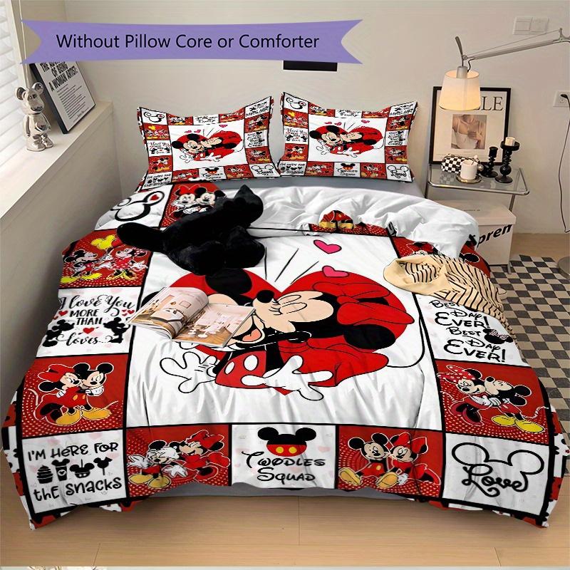 3pcs Love Mickey and Minnie Printed Quilt Set, Includes 1 Quilt Cover and 2 Pillowcases, Machine Washable, Suitable for All Seasons.F057