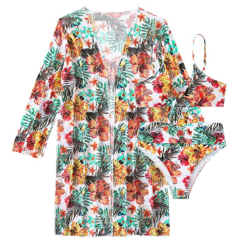 Costume da bagno a tre pezzi con stampa europea e americana: Copricostume Bikini a Maniche Lunghe, Stile Sexy per le Vacanze