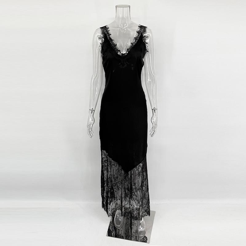 Elegante Spitze Lange Kleider Damen Satin V-Ausschnitt Spitze Patchwork Ärmellos Langes Kleid Locker Damen Abendkleider