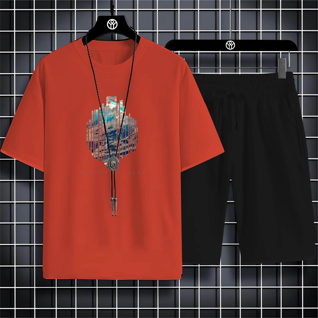 Fashion Four Seasons Casual Sports Style 2d Letter Print Adult Men'S Round Neck Loose Short Sleeve T-Shirt Trouser Set Quick Dry