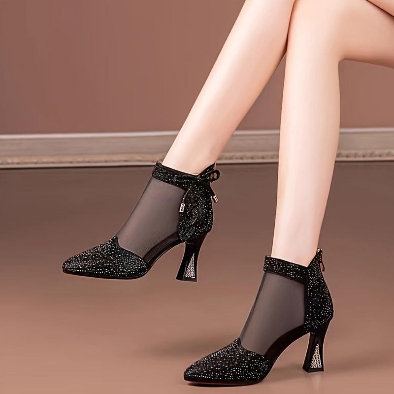 Chic Summer Mesh Ankle Boots for Women - Sexy Pointed Toe with Rhinestone Bowknot, Chunky Heel, Breathable Hollow-Out Design, Back Zipper Closure