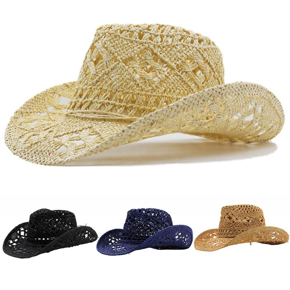 Straw Beach Sun Hat Hollow Out Roll Up Jazz Hat Casual Unisex Cowboy Hat