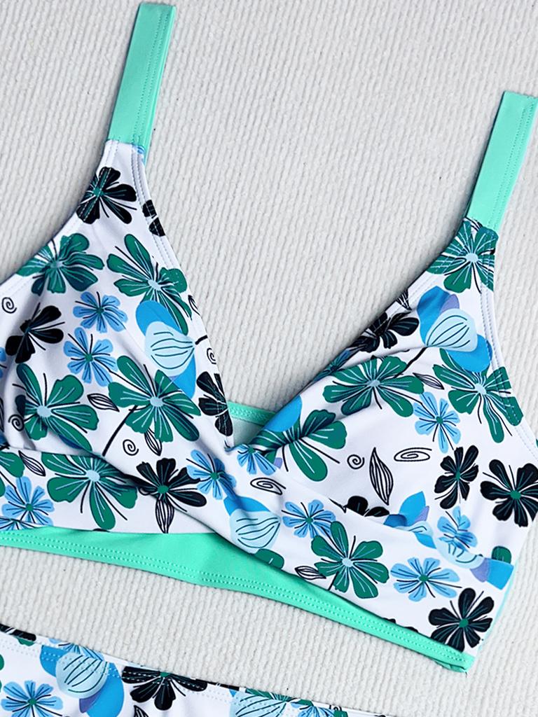 Print Top Two Piece High Waist Drawstring Boyshorts Bikini Set Elegant