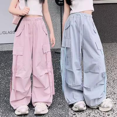 Children Side Woven Tape Design Cargo Pants for Girls Fashion Street Cargo Trousers With Pocket Kids Teenagers Sweatpants