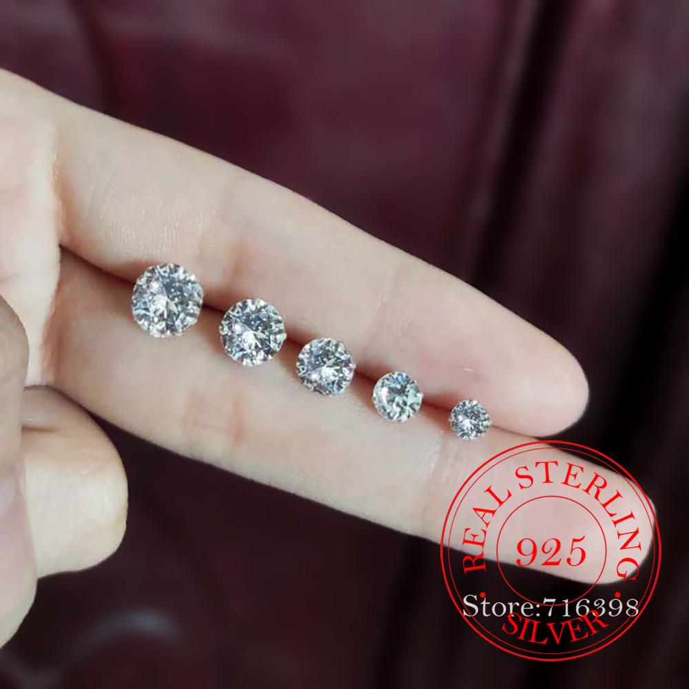 100% Real 925 Sterling Silver Round Crystal Stud Earrings for Women Fashion Piercing Jewelry Women's Party Wedding Gift
